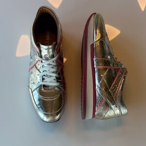 Jimmy Choo Metallic Silver Sneakers with Pink Trim